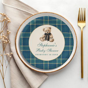 Grüner Tartan Karo Vintage Teddybär Babyparty Pappteller