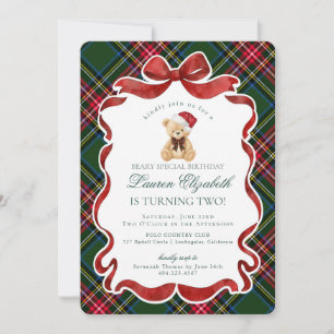 Grüner Tartan Karo Weihnachtsbär Geburtstag Einladung