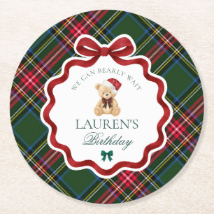 Grüner Tartan Karo Weihnachtsbär Geburtstagsfeier Runder Pappuntersetzer