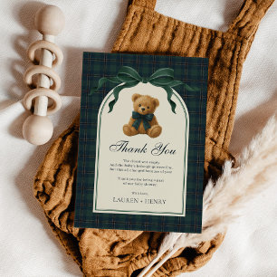 Grüner Teddybär mit Schleife Vintage-Karomuster Ju Dankeskarte