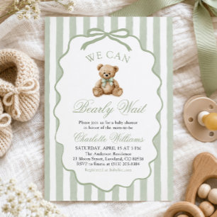 Grüner Teddybär Wir Können Kaum Warten Baby Shower Einladung