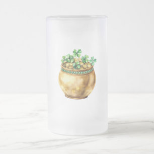 Grüner Topf mit Gold Shamrocks St. Patrick's Day   Mattglas Bierglas
