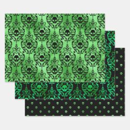 Grüner Totenkopf Halloween Damast Muster Geschenkpapier Set
