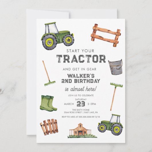 Grüner Traktor, 2. Geburtstag Einladung (Vorderseite)