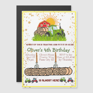 Grüner Traktor   Boys Themed Birthday Party Magneteinladung