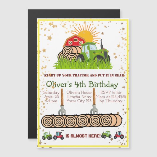 Grüner Traktor | Boys Themed Birthday Party Magneteinladung (Vorne/Hinten)