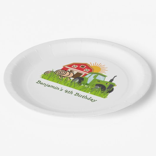 Grüner Traktor | Boys Themed Birthday Party Pappteller (Schrägansicht)