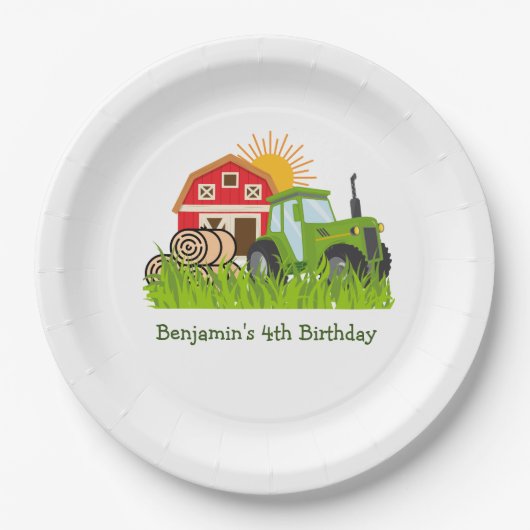 Grüner Traktor | Boys Themed Birthday Party Pappteller (Vorderseite)