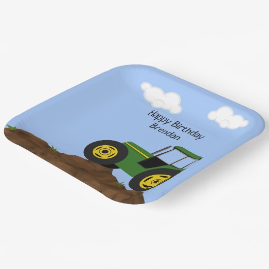 Grüner Traktor Geburtstag Personalisiert Pappteller (Gewinkelt)