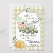 Grüner Traktor Gingham Coquette Farm Baby Shower Einladung (Vorderseite)