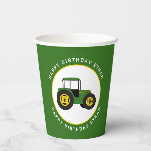 Grüner Traktor Pappbecher (Rückseite)