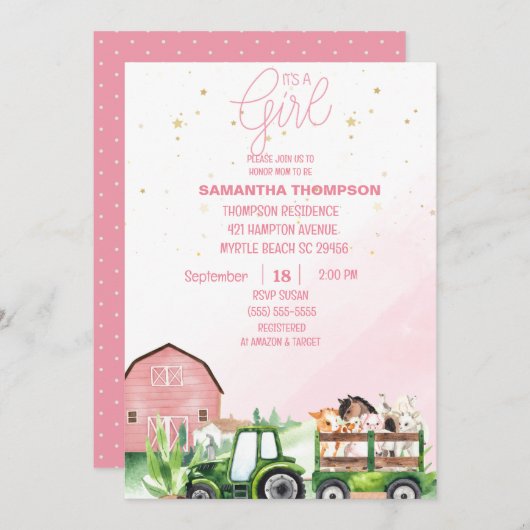 Grüner Traktor, rosa Babydusche Einladung (Vorne/Hinten)