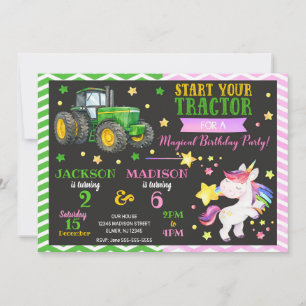 Grüner Traktor und Einhorn gemeinsamer Geburtstag Einladung