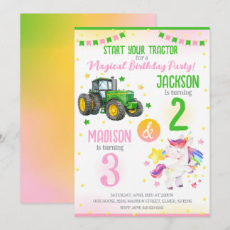 Grüner Traktor und Einhorn-Geschwister gemeinsamer Einladung