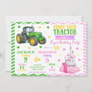 Grüner Traktor und Prinzessin gemeinsamer Geburtst Einladung