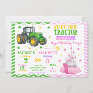 Grüner Traktor und Prinzessin gemeinsamer Geburtst Einladung
