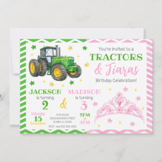 Grüner Traktor und Prinzessin Gemeinsamer Geburtst Einladung