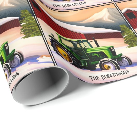 Grüner Traktor und Roter Stall Geschenkpapier (Rolleneckpunkt)