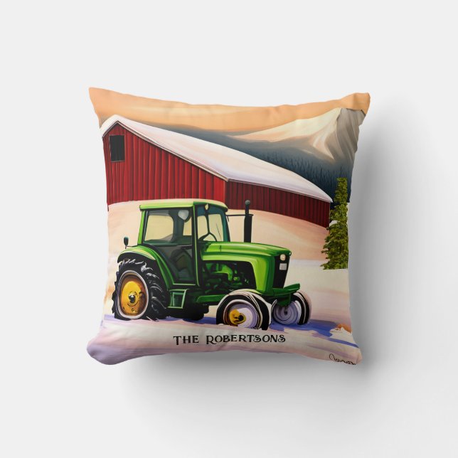 Grüner Traktor und Roter Stall Kissen (Vorderseite)