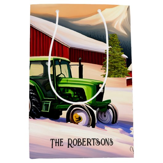 Grüner Traktor und Roter Stall Mittlere Geschenktüte (Vorderseite)