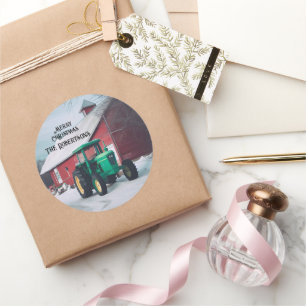 Grüner Traktor und Roter Stall Runder Aufkleber