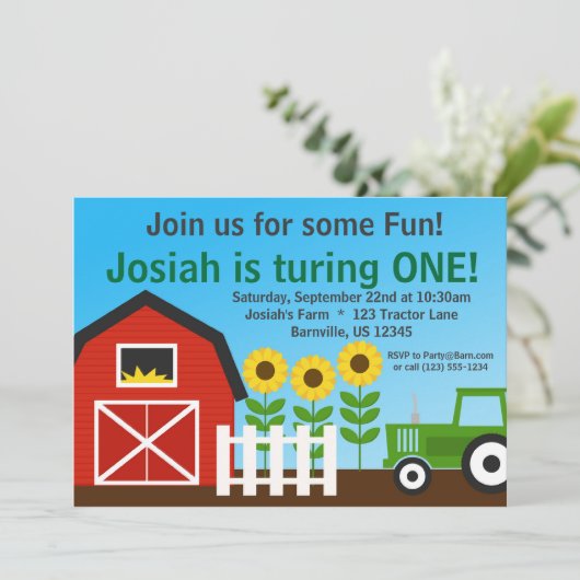 Grüner Traktor und rotes Einladung (Stehend Vorderseite)