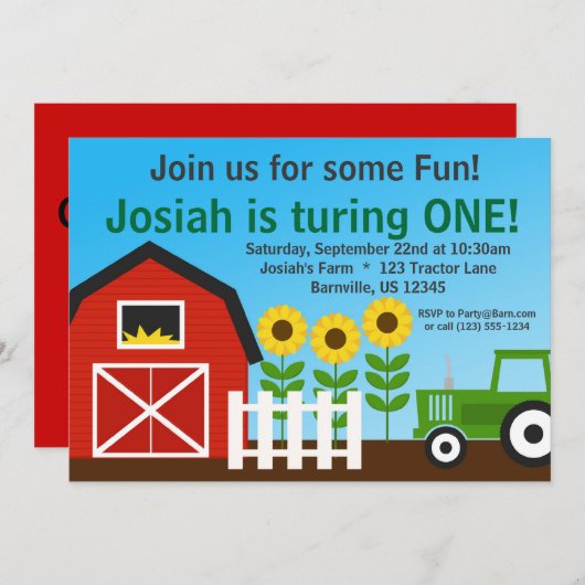 Grüner Traktor und rotes Einladung (Vorne/Hinten)