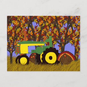 Grüner Traktor von Herbst Bäumen und Truthühner Po Postkarte