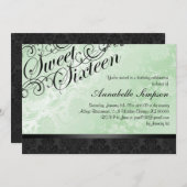 Grüner u. schwarzer schicker Blumendamast Sweet16 Einladung (Vorne/Hinten)