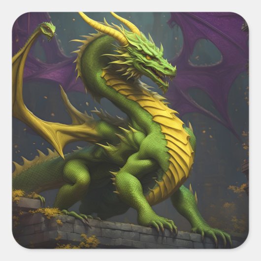 Grüner und Gelber Drache Quadratischer Aufkleber (Vorderseite)