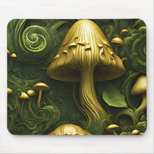 Grüner und goldener Pilz auf blumigen Mousepad