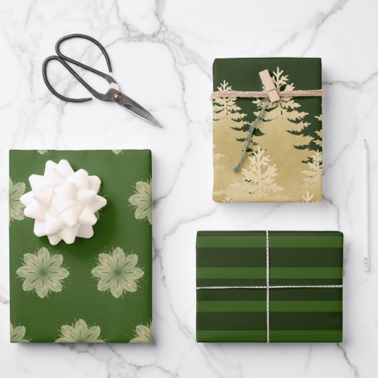 Grüner und goldener Weihnachtsbaum Geschenkpapier Set (Vorderseite)