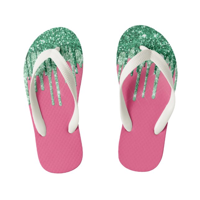 Grüner und rosa Shiny Glitzer Wassermelone Kinderbadesandalen (Fußbett)