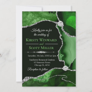 Grüner und Silberner Glitter-Achat Hochzeit Einladung