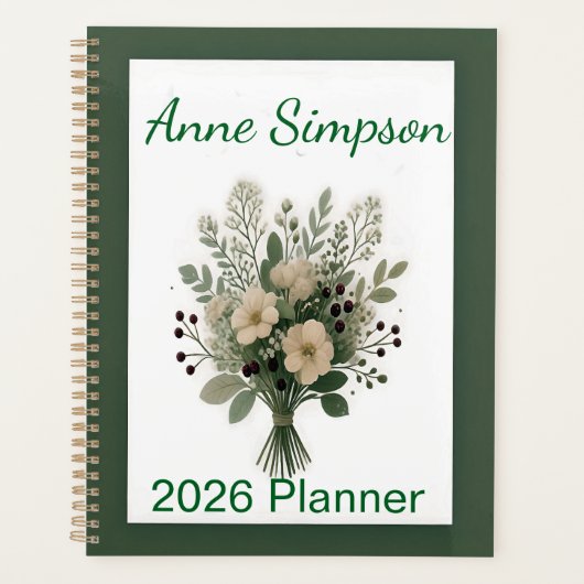 Grüner und weißer Blumen-Personalisierter Planer (Vorderseite)