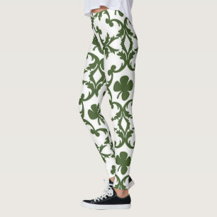 Grüner und weißer Damast mit Kleeblättern Leggings