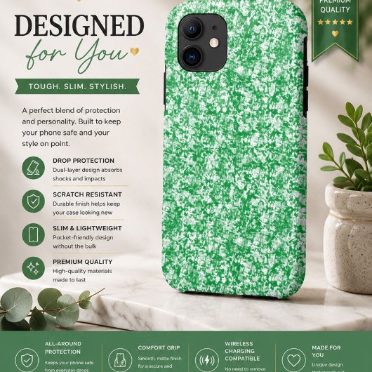 grüner und weißer Hintergrund mit kleinen weißen P Case-Mate iPhone Hülle