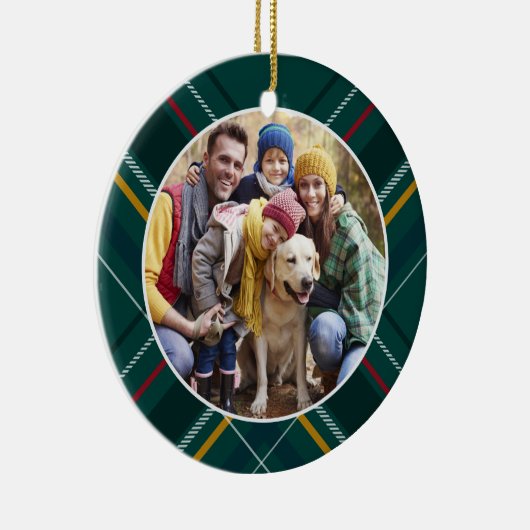 Grüner Urlaub karierter Rahmen Familie Foto Weihna Keramik Ornament (Rechts)