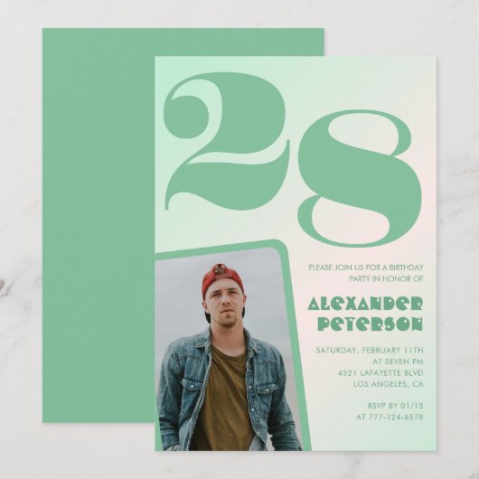 Grüner Verlauf 28. Geburtstag Einladungen Boy Foto (Vorne/Hinten)