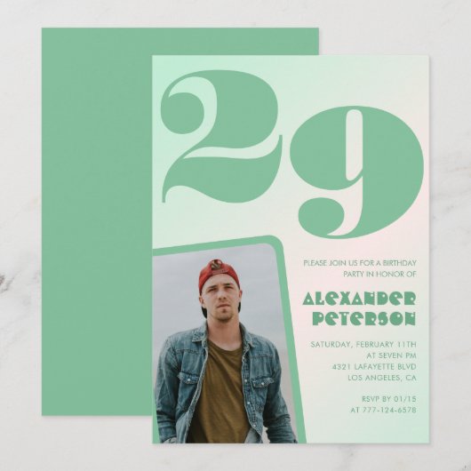 Grüner Verlauf 29. Geburtstag Einladungen Boy Foto (Vorne/Hinten)