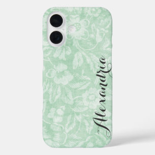 Grüner Vintage-Blumenprint Monogramm iPhone 16 Hülle