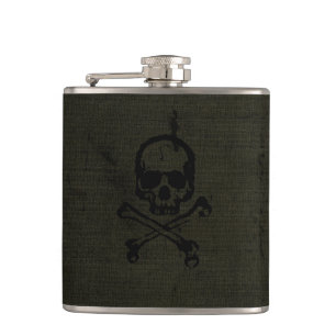 Grüner Vintage-Grunge-Totenkopf mit Kreuzknochen Flachmann