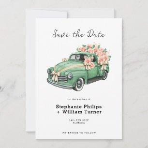 Grüner Vintage-Hochzeits Pickup mit Blumen Save The Date