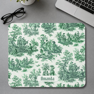 Grüner Vintage-Toile-Jouy-Blumen-Monogramm-Akzent Mousepad