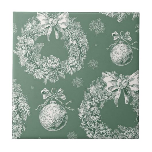 Grüner Vintage-Toile-Weihnachtskranz (2) Fliese (Vorderseite)