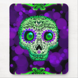 Grüner & violetter leuchtender Zuckerschädel Hallo Mousepad
