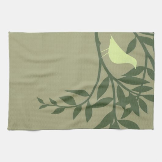Grüner Vogel auf grünem Zweig Küchentuch (Horizontal)