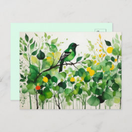 Grüner Vogel Stehend an einem Zweig Postkarte