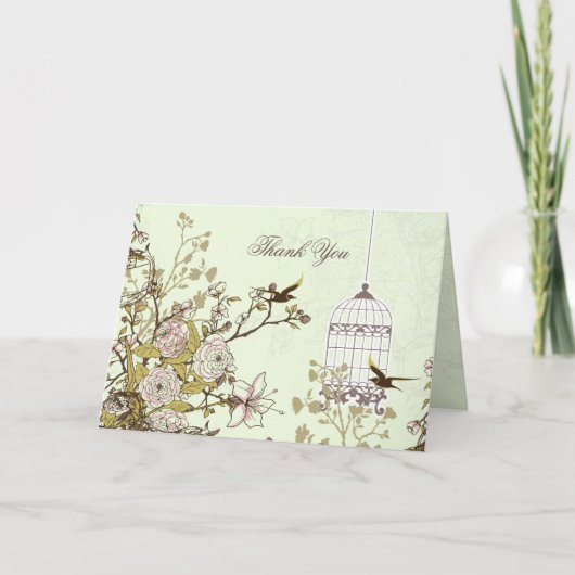 grüner Vogelmit blumenkäfig, Liebevögel danken Dankeskarte (Vorderseite)