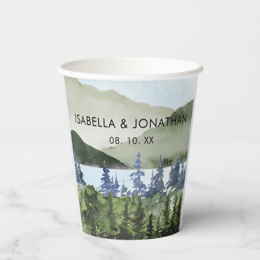 Grüner Wald im Wasser Hochzeit im Freien Pappbecher (Rückseite)
